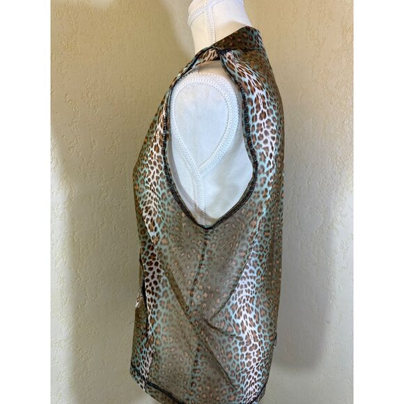 Leopard Print Sleeveless Zip-Up Mesh Blouse W/ Embroidered Cats - Picture 5 of 7